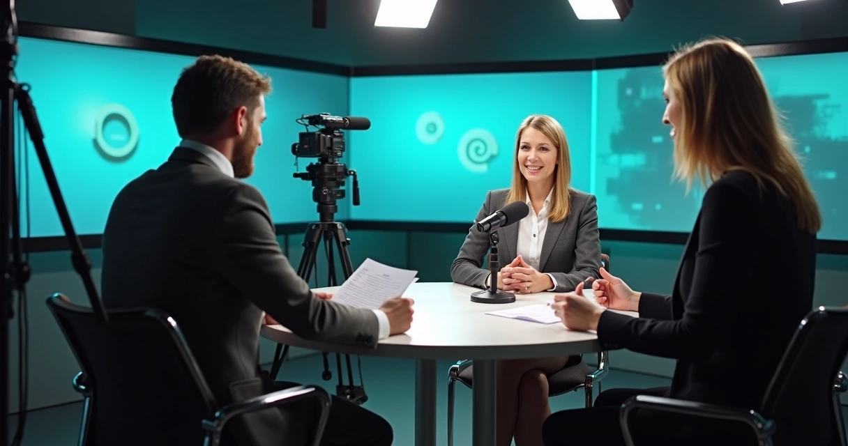 Porta-voz treinando entrevista com microfone em estúdio de TV 