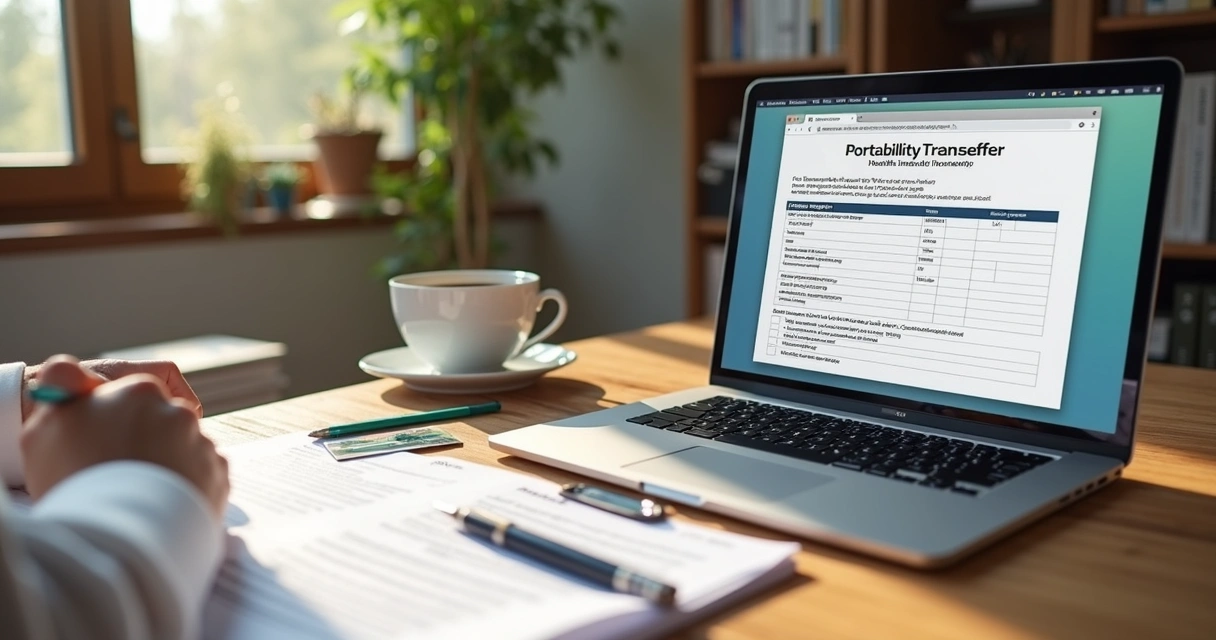 Pessoa preenchendo formulário de portabilidade em laptop com documentos e cartão de plano de saúde na mesa 