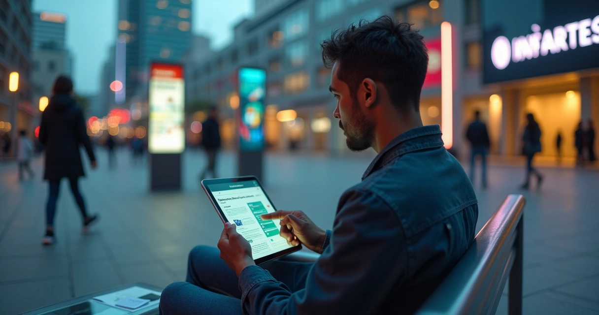 Pessoa compara contratos de empréstimo em tablet em cenário urbano futurista 