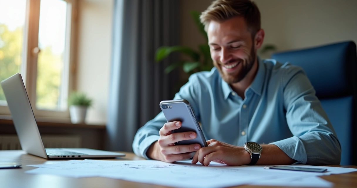 Homem sorridente segura celular exibindo aplicativo de banco digital, sentado em mesa com papéis de salário. Luz suave, ambiente moderno com detalhes em azul e cinza. 