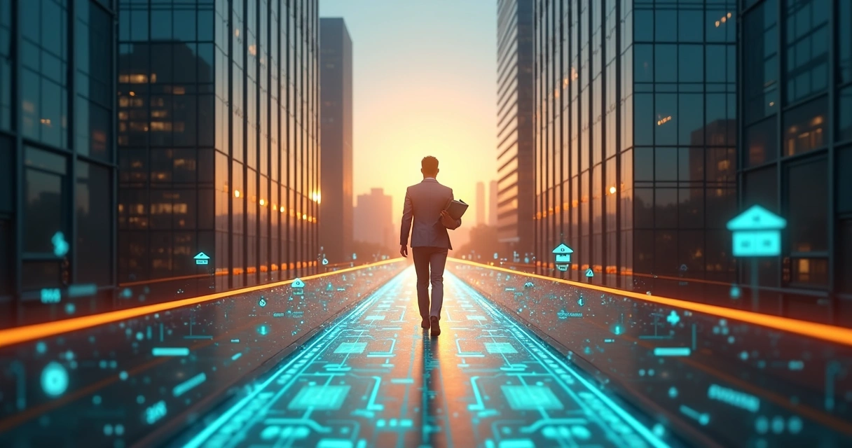 Pessoa atravessa ponte digital entre dois prédios de bancos segurando contrato de dívida 