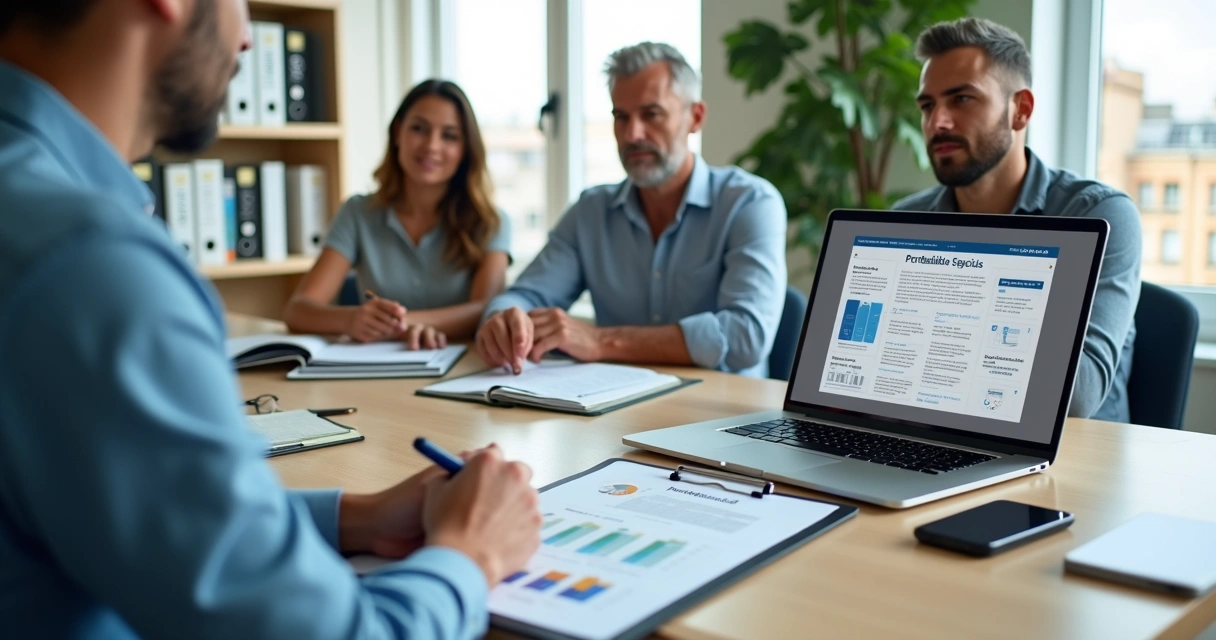 Corretora explicando portabilidade especial de plano de saúde para família em escritório moderno 