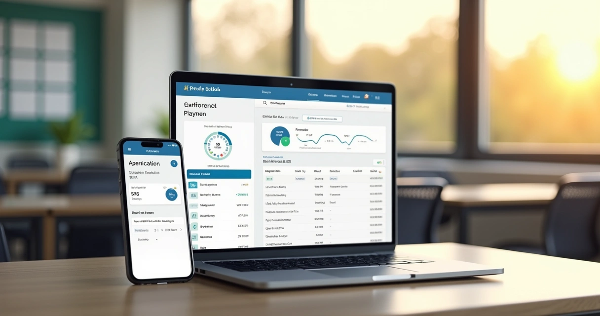 Portal digital escolar exibido em notebook e smartphone 