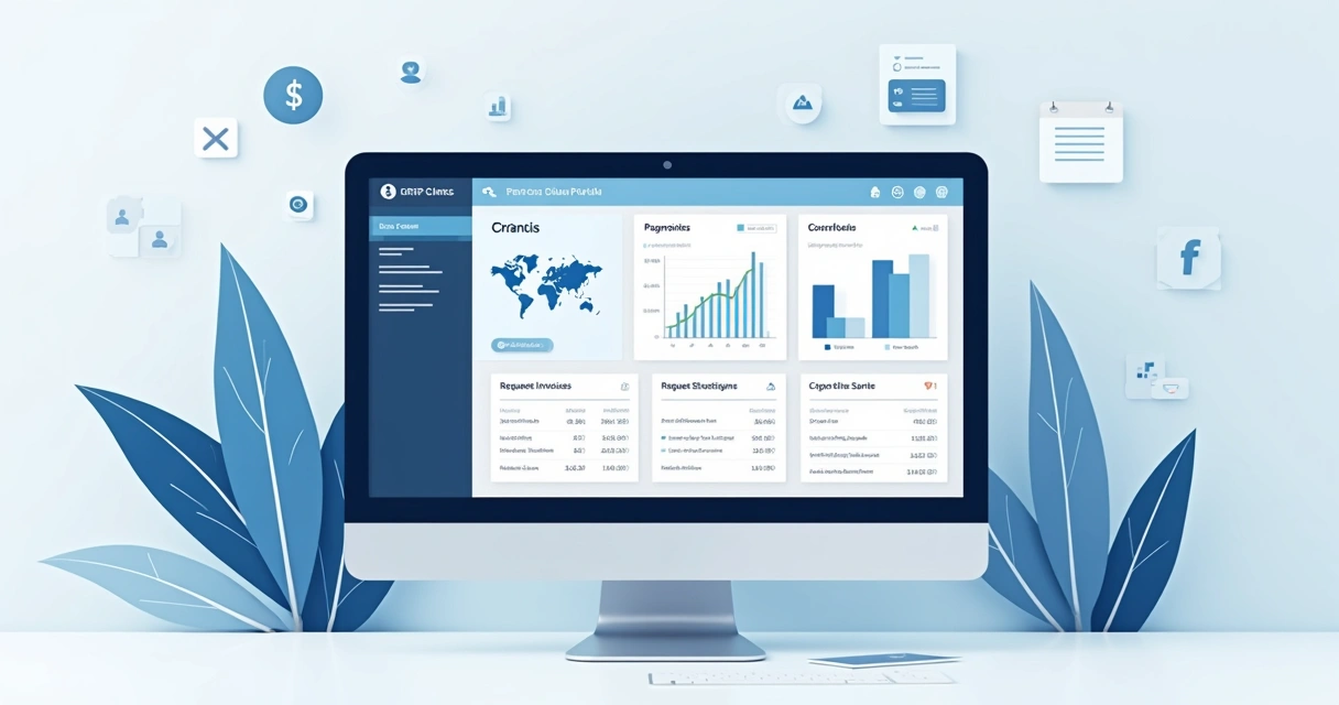 Tela de portal do cliente em sistema ERP integrado, mostrando gráficos e opções de autoatendimento 