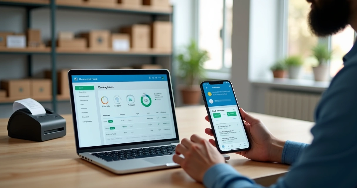 Pequeno empresário usando notebook para acessar portal do cliente enquanto cliente vê informações em smartphone 