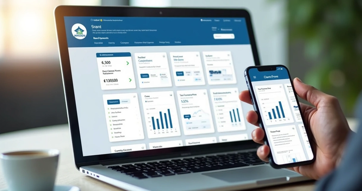 Tela de portal digital com documentos fiscais e gráficos financeiros 