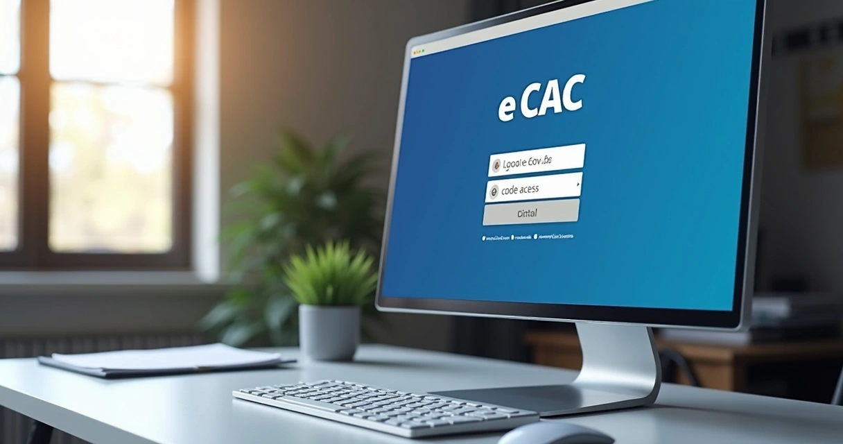 Tela de computador mostrando o portal e-CAC com opções de login via gov.br, código de acesso e certificado digital 