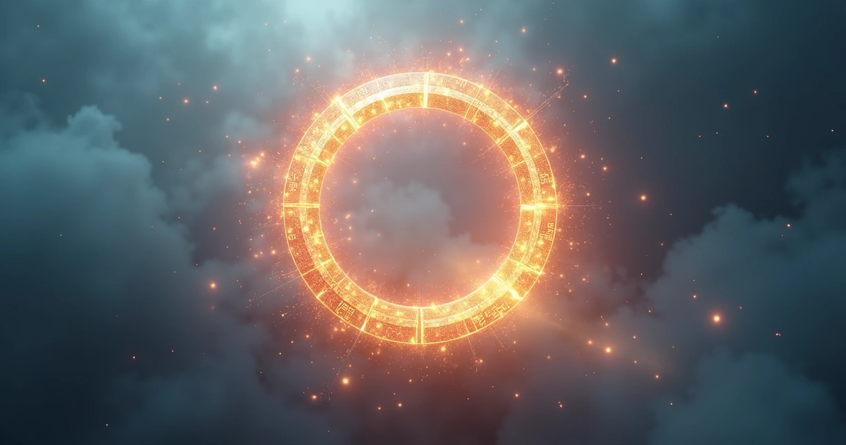 Círculo luminoso aberto com números e símbolos ao redor 