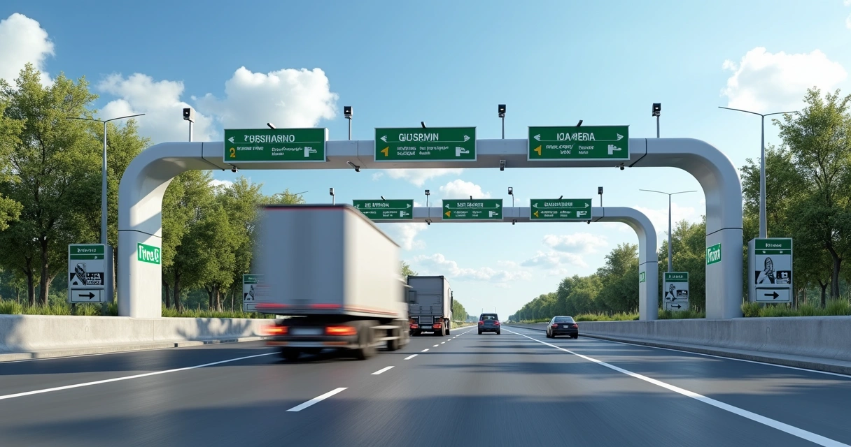 Portal de Free Flow na Via Dutra com caminhão passando sem parar. 