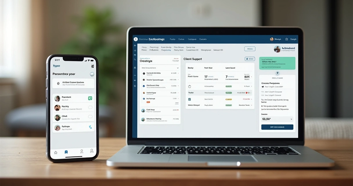 Portal do inquilino aberto em laptop e celular mostrando boletos e histórico 