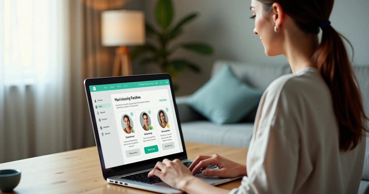 Mulher navegando em portal de massagistas com interface limpa e segura no notebook 