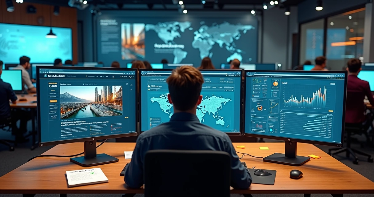 Editor analisa métricas de tráfego de um portal de notícias em vários monitores 
