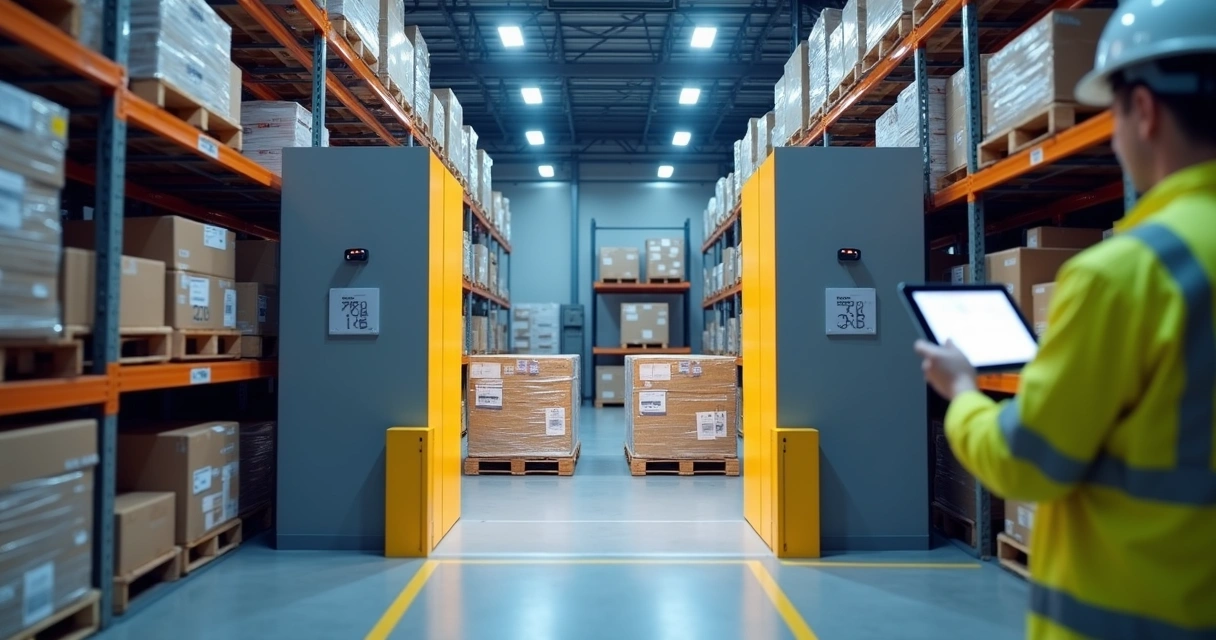 Portal RFID lendo pallets em corredor de estoque 