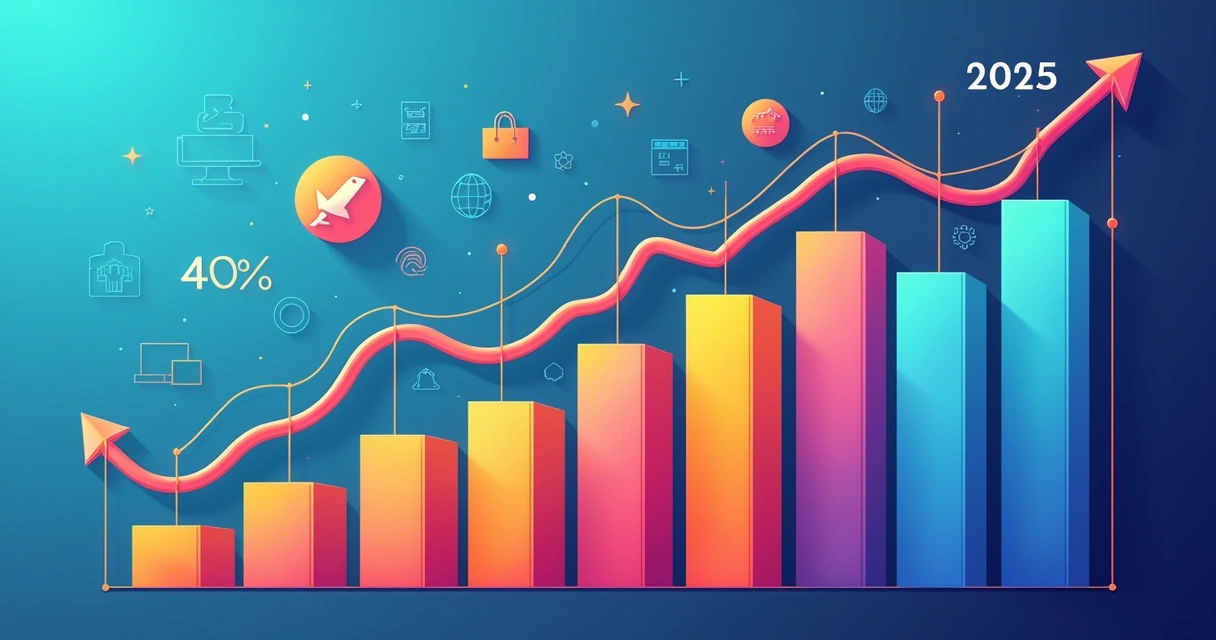 Gráfico colorido de evolução dos dados e cliques em marketing de afiliados em 2025, com barras e setas de crescimento e queda 