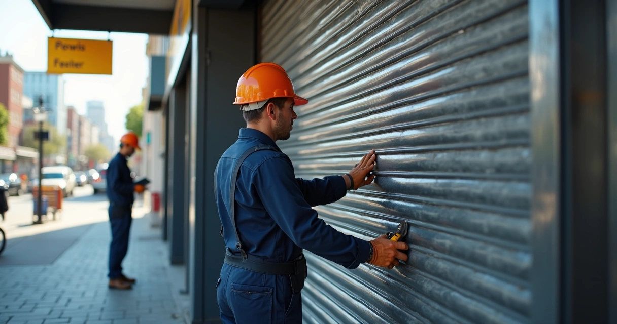 Equipe faz manutenção em porta de aço comercial 