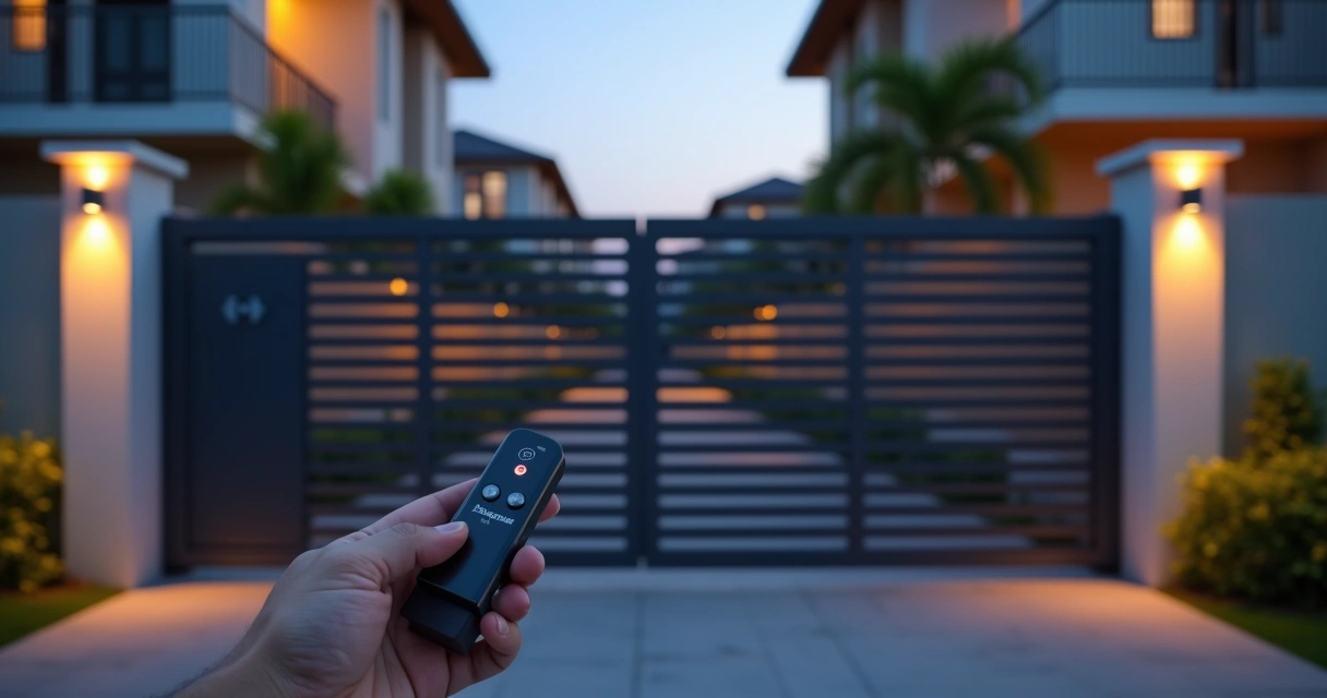 Portão automático de correr em condomínio residencial moderno com controle remoto em foco 
