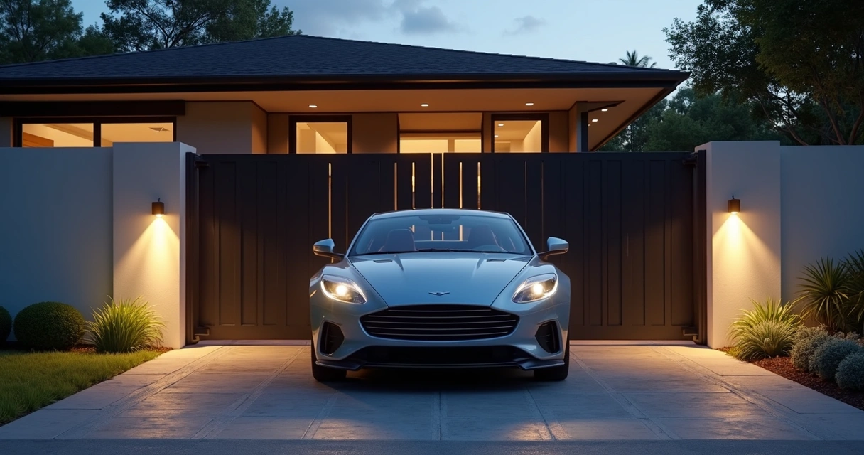 Portão automatizado abrindo para carro em residência moderna