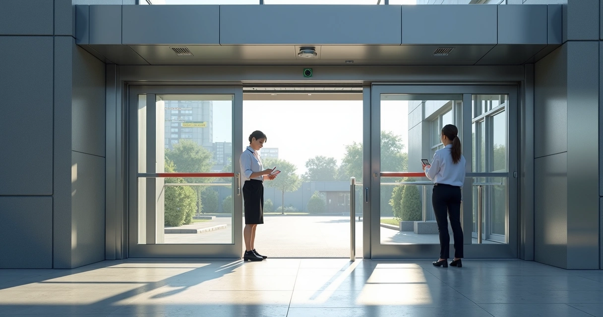 Funcionário usando cartão de acesso para abrir portão automatizado 