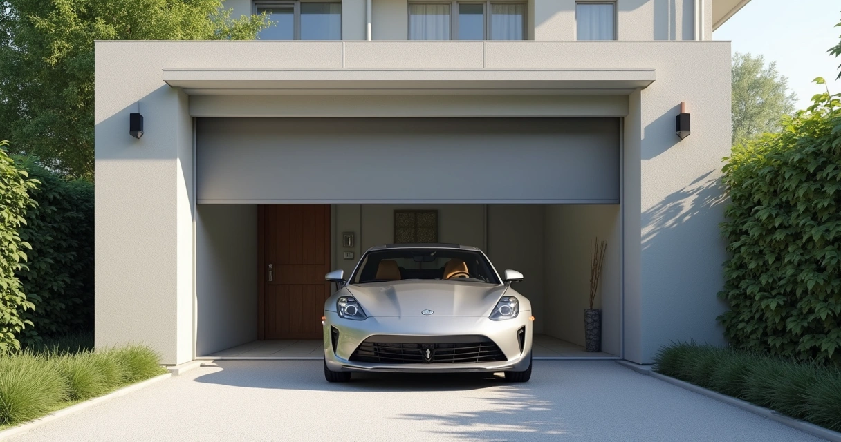 Carro entrando em garagem com portão basculante abrindo 