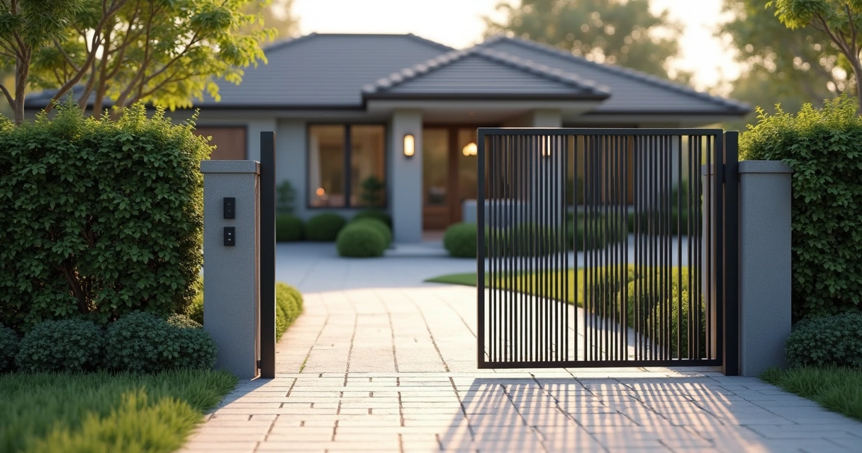 Portão deslizante de ferro em ambiente residencial moderno 