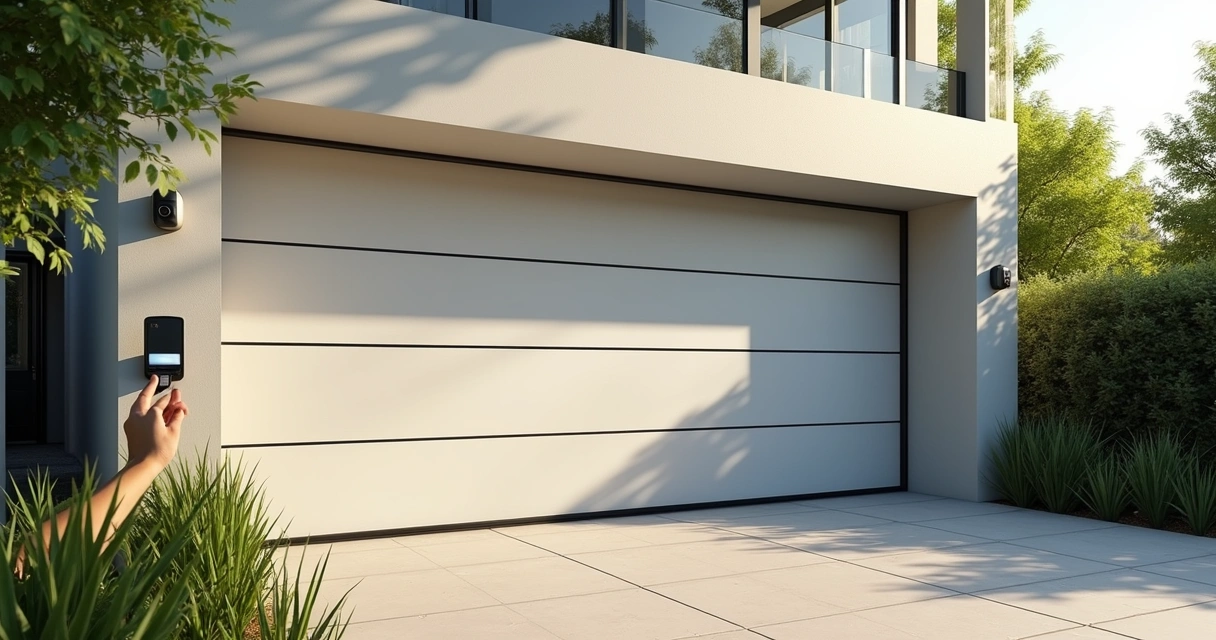 Portão elétrico de garagem sendo comandado por controle remoto