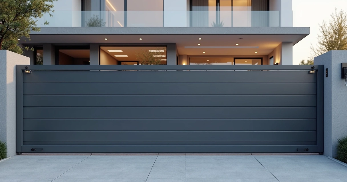 Portão elétrico de garagem deslizante moderno em casa residencial 