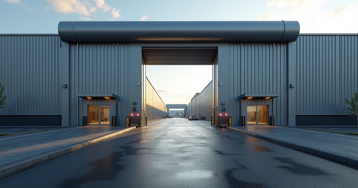 Portão automatizado em galpão industrial moderno 