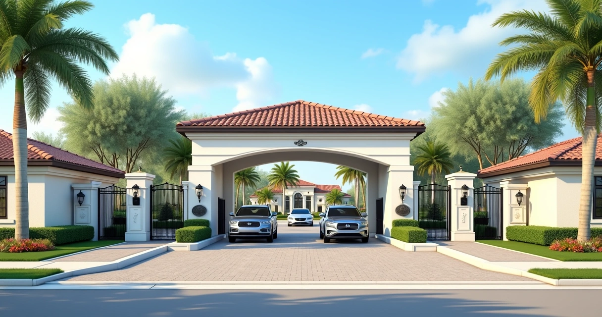 Controlled entrance of a luxury gated community in Orlando, with cars entering and visible security 