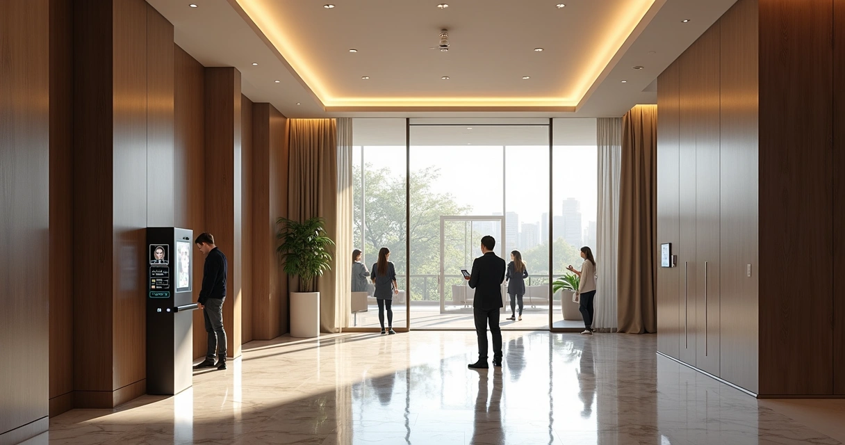 Portaria digital com totem de reconhecimento facial no hall de entrada de condomínio 