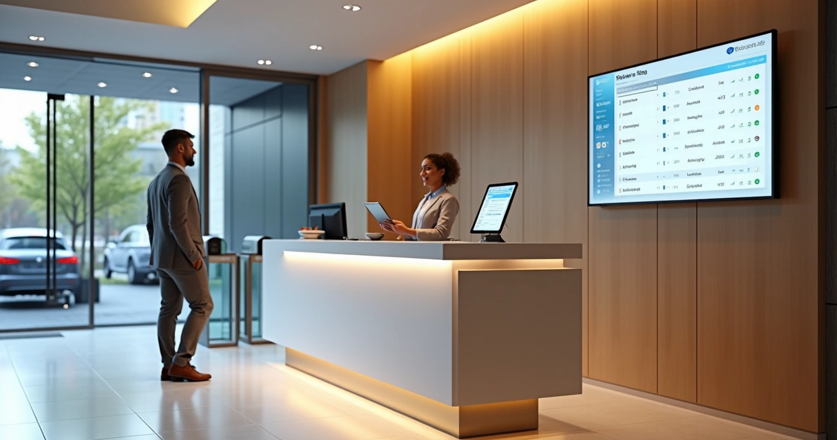 Recepcionista usando tablet para registrar visitantes em portaria moderna 