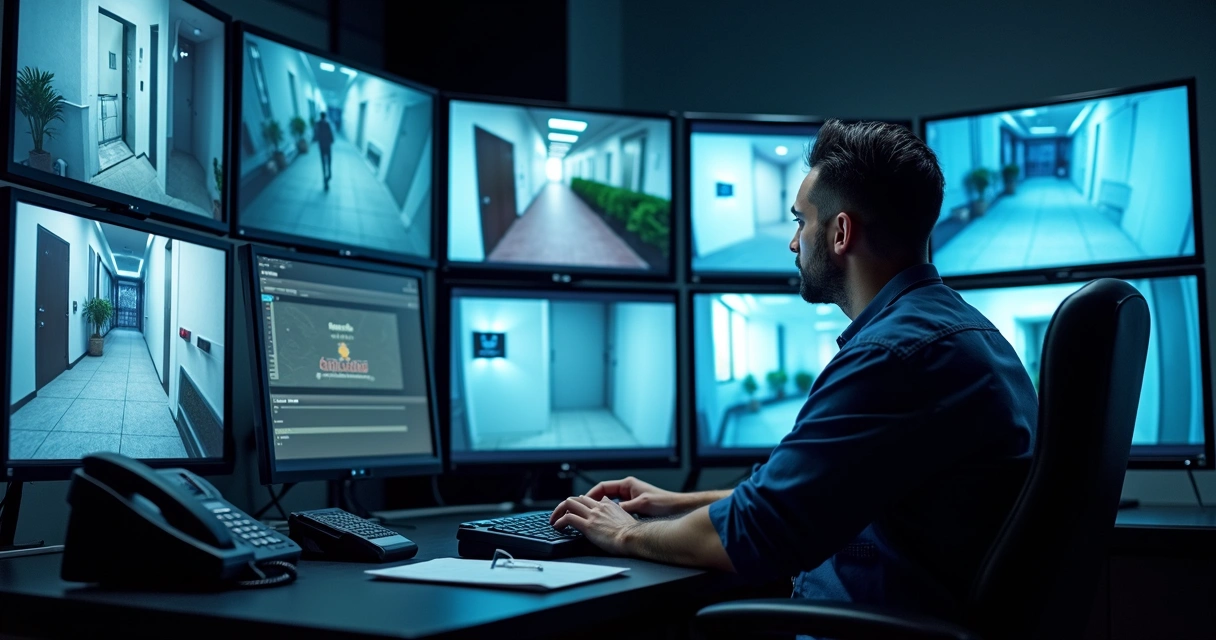 Monitoramento remoto de portaria de condomínio em tela de central de segurança