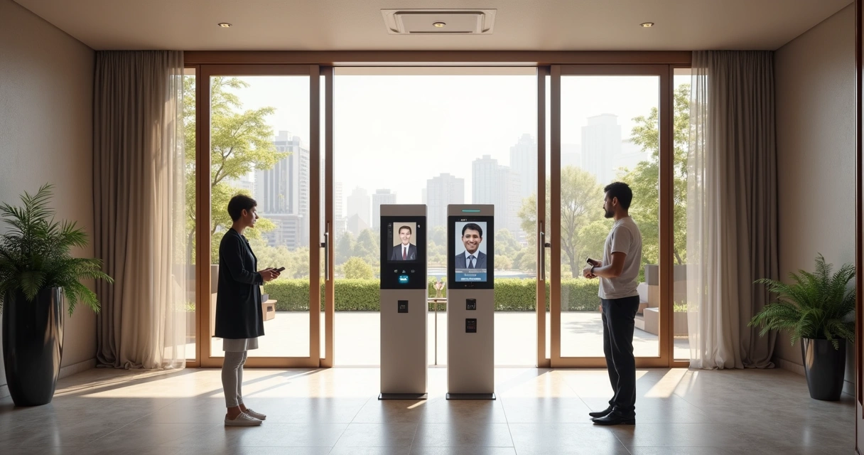 Portaria digital com painel de reconhecimento facial e leitor biométrico em condomínio 