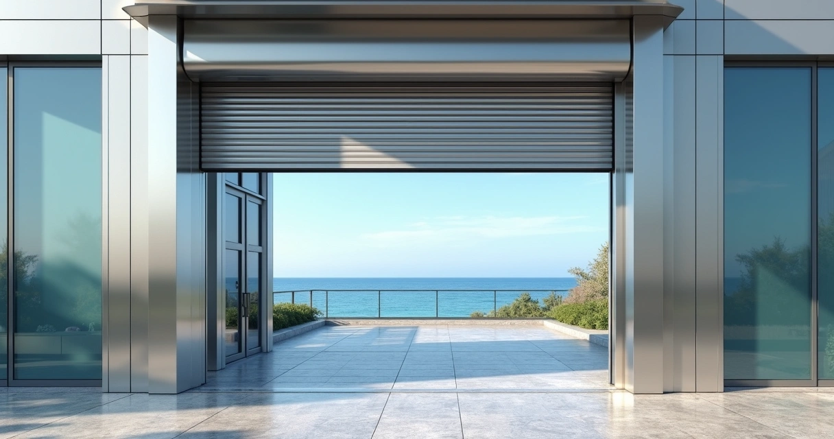 Porta automática instalada em ambiente litorâneo, próxima ao mar