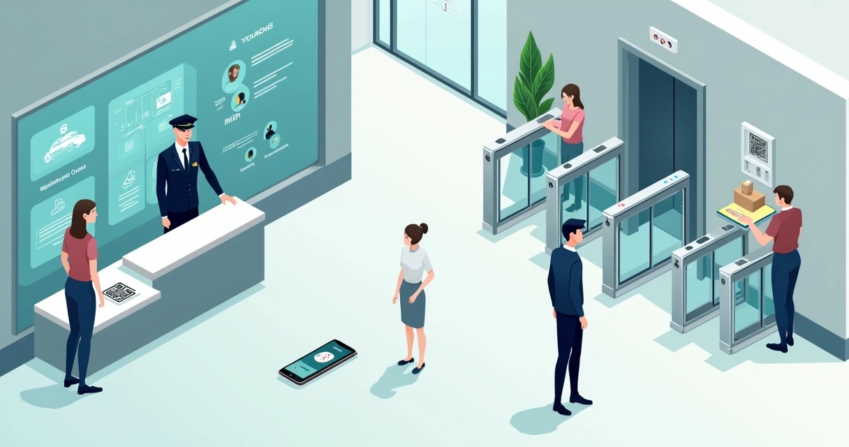 Porteiro de condomínio em balcão moderno com painel digital e moradores ao fundo 