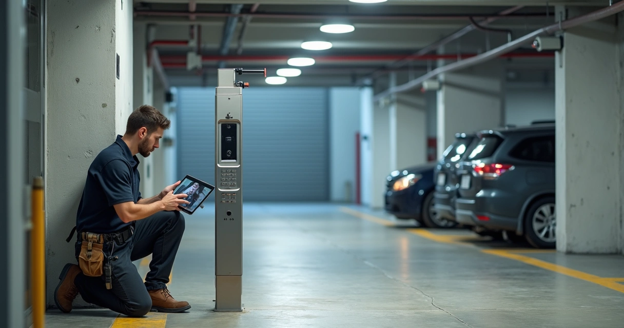 Instalador configurando porteiro eletrônico com câmera na garagem de condomínio 