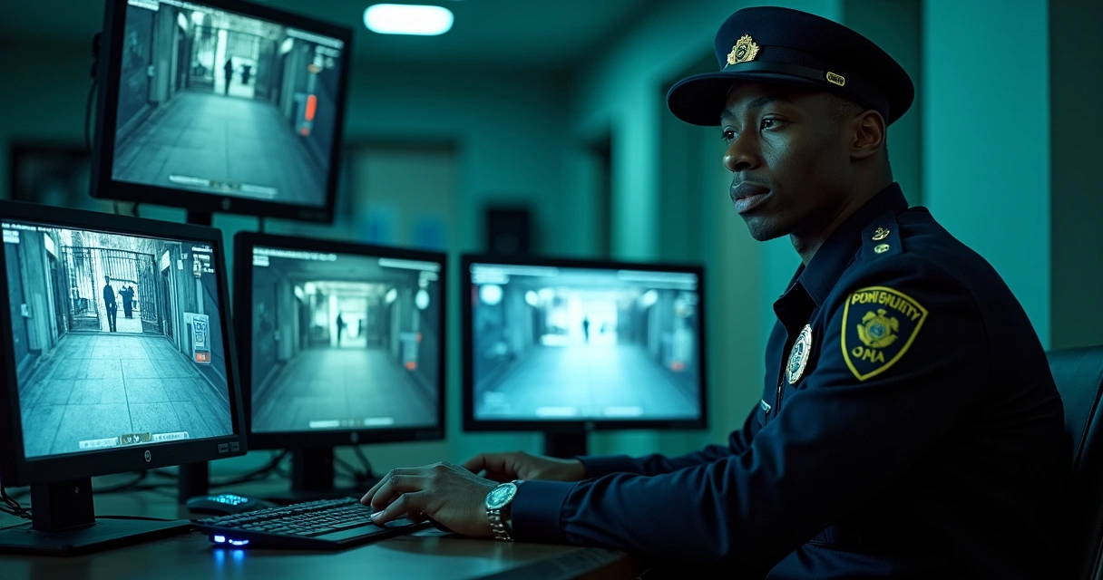 Porteiro monitorando imagens de segurança no turno da noite 