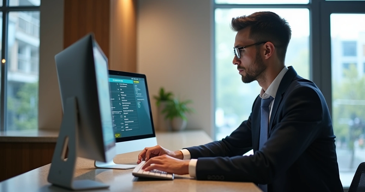 Porteiro digitando informações em sistema de atendimento digital