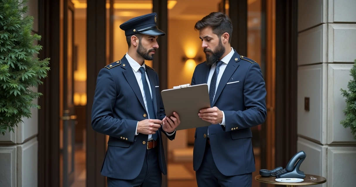 Dois porteiros em uniforme conversando ao lado da portaria. 
