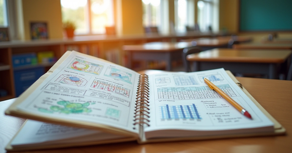 Portfólio escolar de aluno com textos, desenhos e gráficos 