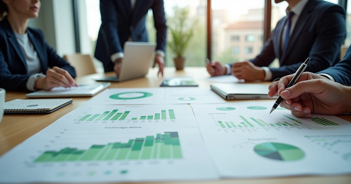 Asset managers collaborating over printed portfolio analytics charts 