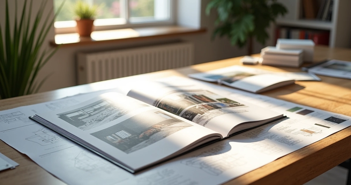 Mesa com portfólio aberto e croquis arquitetônicos 