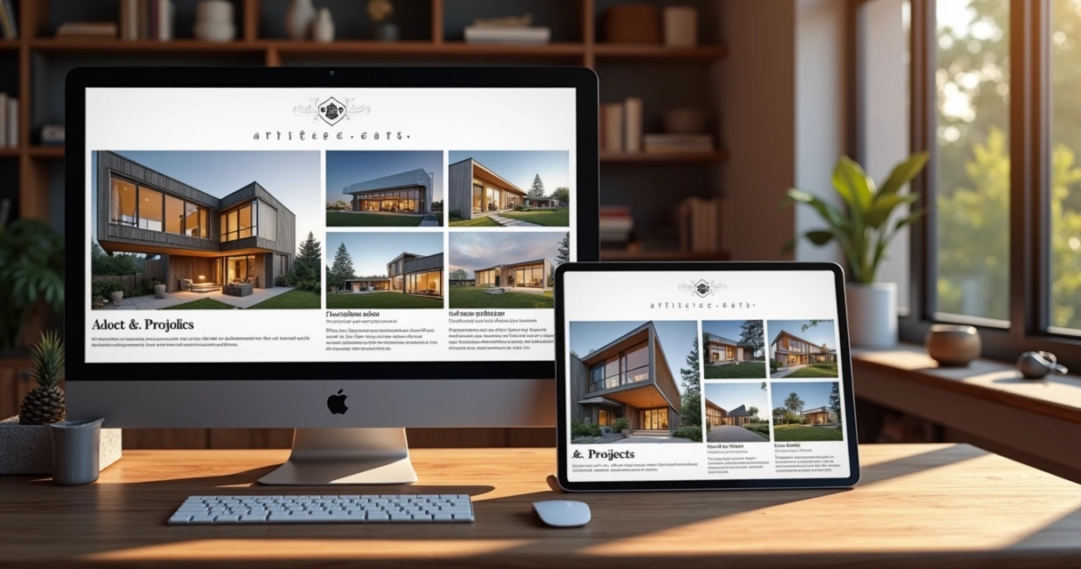 Portfólio digital de escritório de arquitetura com fotos de projetos e descrição 