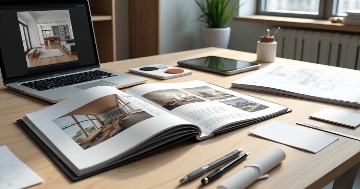 Portfólio de arquitetura e interiores aberto sobre mesa organizada com materiais de projeto 
