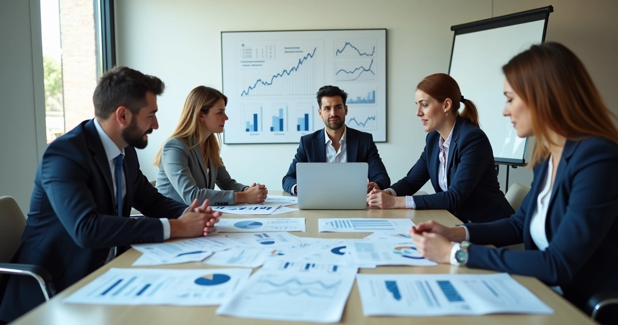 Equipe reunida analisando portfólio de BPO financeiro