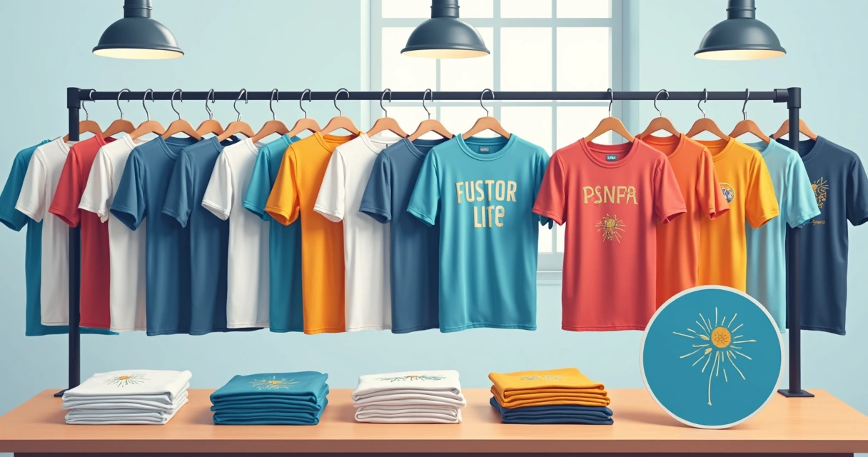 Exposição de camisetas personalizadas em vários estilos, com destaque para detalhes das estampas 