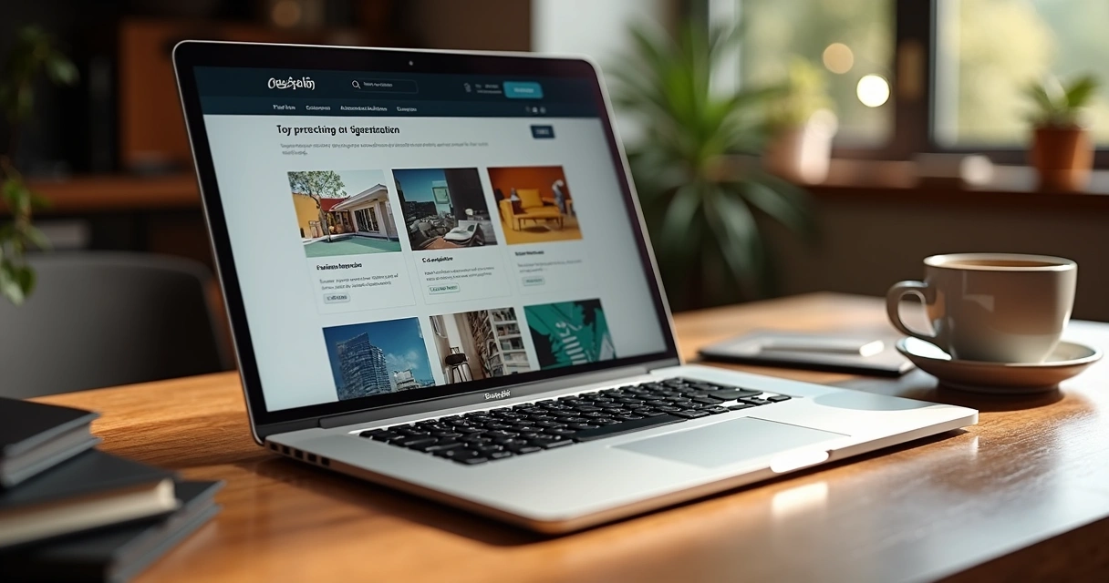 Tela de computador exibindo portfolio digital de agência com projetos destacados