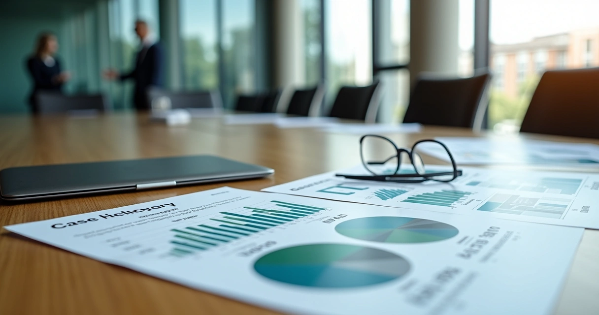 Mesa com painéis impressos de cases de BPO financeiro organizados como portfólio profissional 