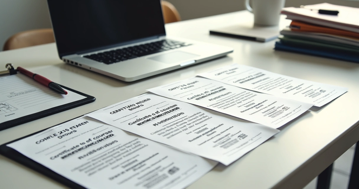 Certificados de cursos livres organizados em mesa de trabalho 