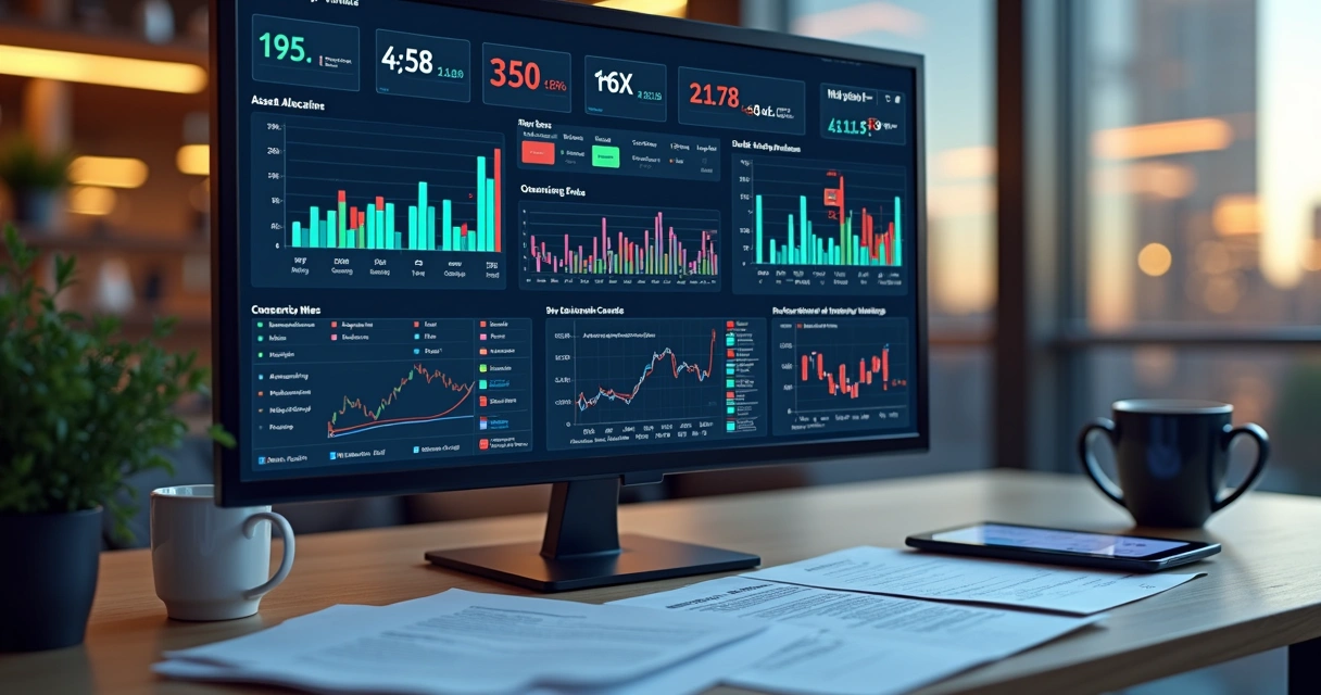 Analytics dashboard showing asset allocation and risk metrics across FX, rates, and commodities 