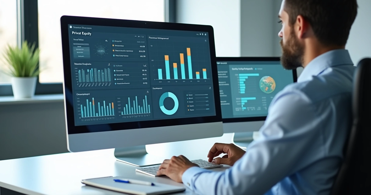 Private equity dashboard with portfolio metrics and market charts